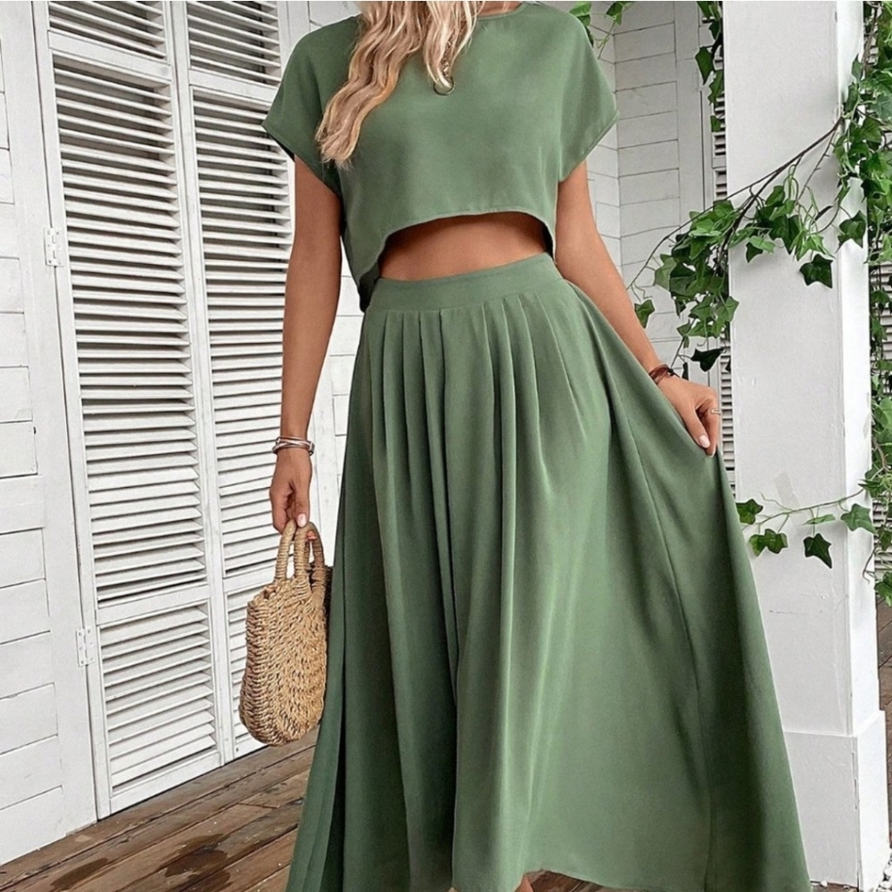 Green Boho Womens Women's Solid Color Loose Casual Two-Piece Set